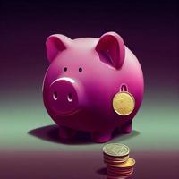 3d illustration. Piggy bank, coin falling out finance, economy. Banner, copy space, place holder. photo