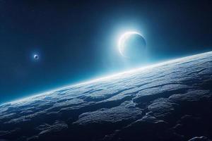 3d rendering of an Earth like planet with moon in space. Sci- fi, futuristic, photo