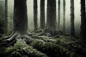 Tree trunks and roots in a misterious, foggy forest. 3d rendering. Halloween, horror photo