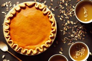 Traditional Thanksgiving, HAlloween pumpkin pie with roasted pecans or pumpkin seeds. photo