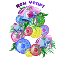 New year design, Holiday balls, with bells, ribbons. Multicoloured illustration. png
