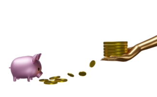 piggy bank with hands holding gold coins money isolated .make money Concept, 3d illustration or 3d render png