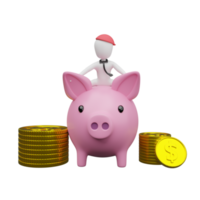 Stick man riding a piggy bank and coins pile isolated. Concept 3d illustration or 3d render png