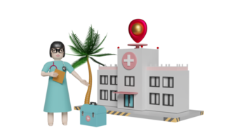 edificio del hospital y médico con equipo médico y pin aislado. concepto de ilustración 3d o renderizado 3d png