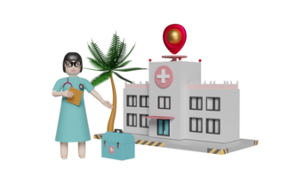 bâtiment de l'hôpital et médecin avec équipement médical et broche isolés. concept illustration 3d ou rendu 3d png