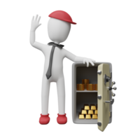 Stick man with open safe box full of coins stack and gold bar, Ingot isolated. business banking concept, 3d illustration or 3d render png