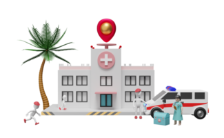edificio del hospital y médico con hombre palo y equipo médico y pin aislado. concepto de ilustración 3d o representación 3d