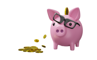 piggy bank and glasses with gold coins money. saving money Concept, 3d illustration or 3d render png