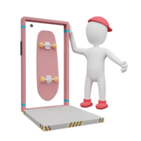 Stick man with skateboard or surf skate and mobile phone isolated. Concept 3d illustration or 3d render png