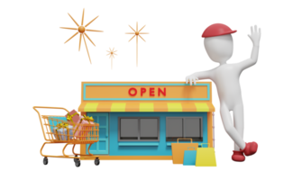 stick man et devanture de magasin avec boîte-cadeau et shopping, concept d'entreprise de franchise, illustration 3d ou rendu 3d png