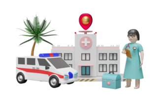 edificio del hospital y médico con equipo médico y pin aislado. concepto de ilustración 3d o representación 3d png