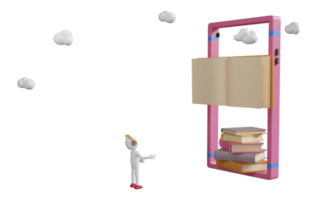 Strichmännchen mit Buch und Handy, Lernkonzept für Bildungsanwendungen, 3D-Illustration oder 3D-Rendering png