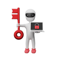 hacker Stick man with key and laptop isolated. 3d illustration or 3d rendering png