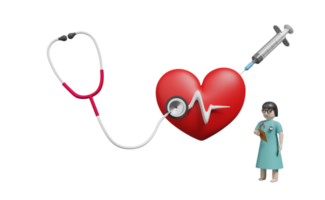 coração vermelho com eletrocardiograma e estetoscópio e médico isolado. amor de saúde ou conceito de dia mundial do coração, ilustração 3d ou renderização em 3d png