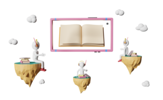 bastone uomo e galleggiante isola con libro e mobile Telefono, formazione scolastica applicazione apprendimento concetto, 3d illustrazione o 3d interpretazione png