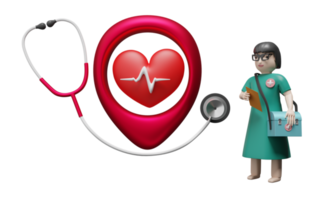 corazón rojo con electrocardiograma y estetoscopio y médico aislado. amor por la salud o concepto del día mundial del corazón, ilustración 3d o representación 3d png