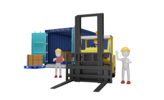 Stick man with shipping container for import export and forklift and goods and pallet, logistic service concept isolated. 3d illustration or 3d rendering png