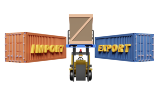 stick man con contenedor de envío para importación y exportación y montacargas y mercancías y paletas, concepto de servicio logístico aislado. ilustración 3d o renderizado 3d png
