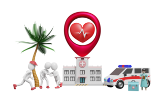 edifício do hospital e médico com homem de pau e coração vermelho e pino isolado. conceito de centro de tratamento cardíaco, ilustração 3d ou renderização em 3d