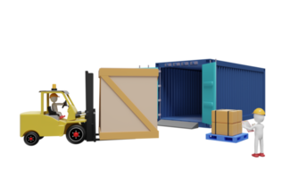 stick man con contenedor de envío para importación y exportación y montacargas y mercancías y paletas, concepto de servicio logístico aislado. ilustración 3d o representación 3d
