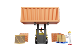 Stick man with shipping container for import export and forklift and goods and pallet, logistic service concept isolated. 3d illustration or 3d render png