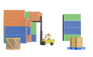 pinne man med frakt behållare för importera exportera och gaffeltruck och varor och lastpall, logistisk service begrepp, 3d illustration eller 3d framställa png