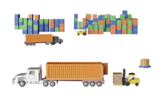 tractor y remolque o camión semirremolque con contenedor de transporte para importación y exportación, carretilla elevadora de palos con mercancías y paletas, concepto de servicio logístico, ilustración 3d o presentación 3d png