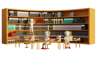 stick man avec étagères à livres dans la bibliothèque, concept d'éducation et d'apprentissage, illustration 3d ou rendu 3d png