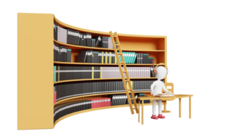 Strichmännchen mit Bücherregalen in Bibliothek, Bildungs- und Lernkonzept, 3D-Illustration oder 3D-Rendering png