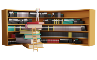 Stick man with book shelves in library, education and learning concept, 3d illustration or 3d rendering png