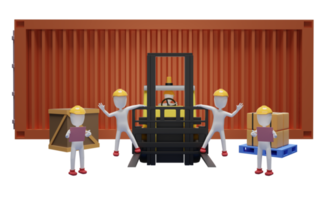 Stick man with shipping container for import export and forklift and goods and pallet, logistic service concept isolated. 3d illustration or 3d render png