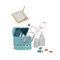 First aid kit with stethoscope and syringe, check list isolated. Concept 3d illustration or 3d render png