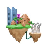 la ciudad de la torre utiliza una estación de energía en una isla flotante con una planta de energía nuclear, concepto de energía limpia, diseño de polígono bajo, ilustración 3d o representación 3d