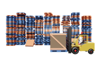 conductor de montacargas stick man con palé para importación, exportación y mercancías, concepto logístico aislado. ilustración 3d o renderizado 3d png