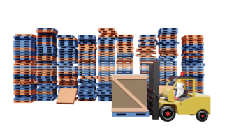 Stick man forklift driver with pallet for import export and goods, logistic concept isolated. 3d illustration or 3d render png