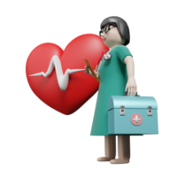 coração vermelho com eletrocardiograma e médico isolado. amor de saúde ou conceito de dia mundial do coração, ilustração 3d ou renderização em 3d