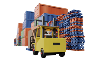 Stick man with shipping container for import export and forklift and goods and pallet ,logistic service concept isolated. 3d illustration or 3d render png