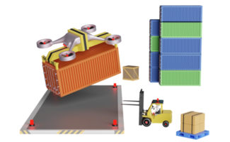 dron de entrega con contenedor de envío para importación y exportación y montacargas y mercancías y paletas, servicio logístico del concepto futuro, ilustración 3d o presentación 3d png