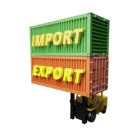 contenedor de envío para importación, exportación y montacargas, concepto de servicio logístico aislado. ilustración 3d o renderizado 3d png