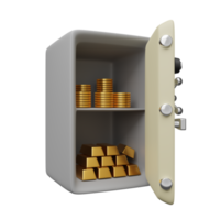 cofre cheio de pilha de moedas e barra de ouro, lingote isolado. conceito de banco de negócios, ilustração 3d ou renderização 3d png