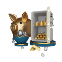 Goldsparschwein und Safe voller Münzstapel und Goldbarren, Barren, Diamanten mit isolierter Eierschale. business banking-konzept, 3d-illustration oder 3d-rendering png