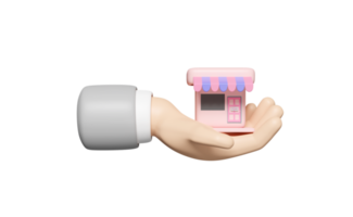 cartoon hands holding shop store front isolated. Startup franchise business or loan approval concept, 3d illustration or 3d render png