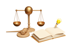3d judge gavel, hammer auction with stand, justice scales, light bulb, pencil, open book isolated. law, justice system symbol, idea tip, 3d render illustration