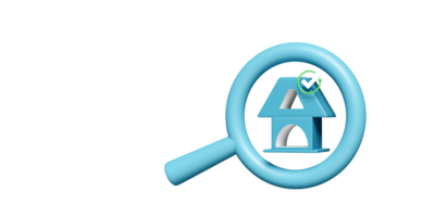 3d blue house with magnifying glass, check marks, tick marks symbols, pin isolated. online shopping, search data concept, 3d render illustration png