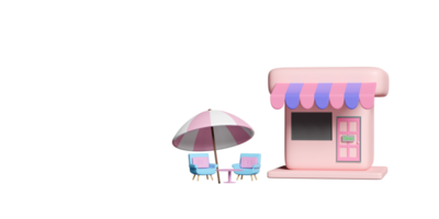 Café de loja 3D com mesa de centro, guarda-chuva, cadeira de sofá isolada. viagens de verão, ilustração de renderização 3d png