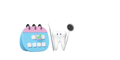 calendario 3d con modelo de dientes molares dentales, fecha marcada, espejo de dentista, escalador de hoz aislado. salud de dientes blancos, examen dental del dentista, ilustración 3d