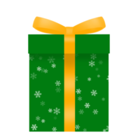 Green giftbox with gold ribbon and snow flakes texture. Illustration Free png