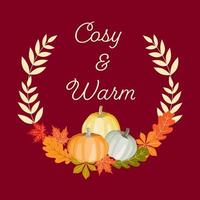 lIllustration of pumpkins and leaves in warm Autumn colours. Isolated objects and editable text on Burgundy background. Thanksgiving celebration, cards design, scrapbooking. vector