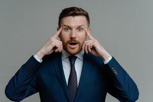 Amazed businessman in suit holding fingers on temples and looking at camera with shocked face expression photo