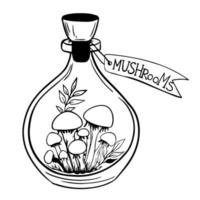 poisonous mushrooms with leaves in bottle with cork and label. glass bottle, flask with potion, magic elixir. Mystical illustration for witches, for Halloween, for alchemy.  style of doodle. vector